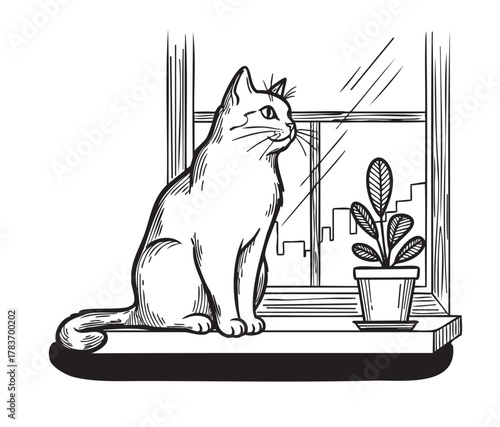 Detailed black and white illustration of a cat sitting on a windowsill next to a potted plant, gazing outside through a window with a cityscape view.