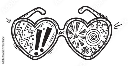Black and white hand-drawn illustration of heart-shaped sunglasses with intricate abstract patterns and symbols in each lens.