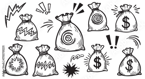Various hand-drawn money bags with different symbols such as dollar signs, spirals, and bursts, accompanied by exclamation marks and lightning bolts.