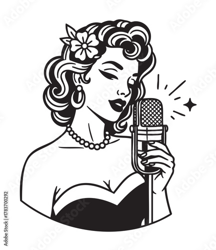 Black and white retro illustration of a female singer with wavy hair, wearing a flower and jewelry, holding a vintage microphone while singing.