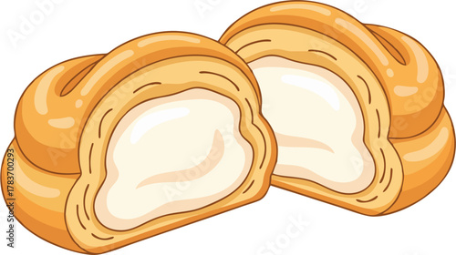 Cream Puff Pastry Sliced with Mascarpone Cream Filling Vector Illustration Isolated