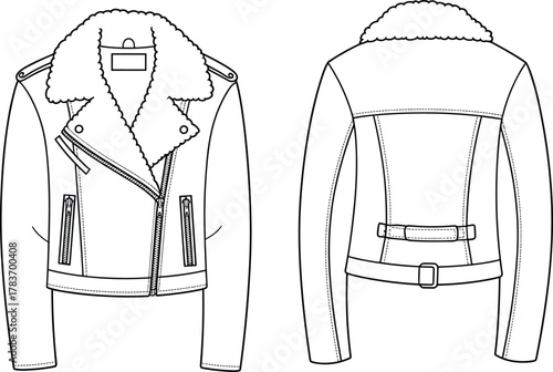 Cad drawing flat vector illustration, black and white biker jacket sketch, shearling collar design, fashion garment outline, front back view