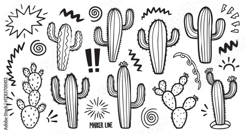 Black and white doodle-style drawing of various cacti with spiky details and playful geometric shapes.