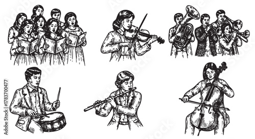Black and white illustration depicting a diverse group of young musicians playing various instruments including violin, cello, flute, trumpet, and drums in an orchestral performance.