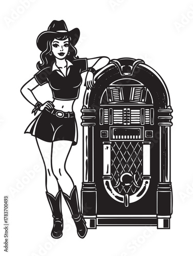 Black and white illustration of a confident female wearing a cowboy hat, leaning on a classic jukebox with a vintage design.