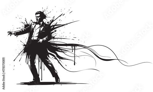 Black ink silhouette of a male figure in a suit, dynamically extending with splattered and flowing ink lines, creating an energetic and artistic effect.