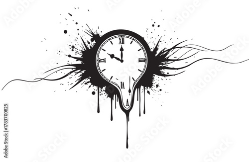 Black ink-splattered clock with roman numerals features melting and distorted elements, creating a surreal and artistic visual effect.
