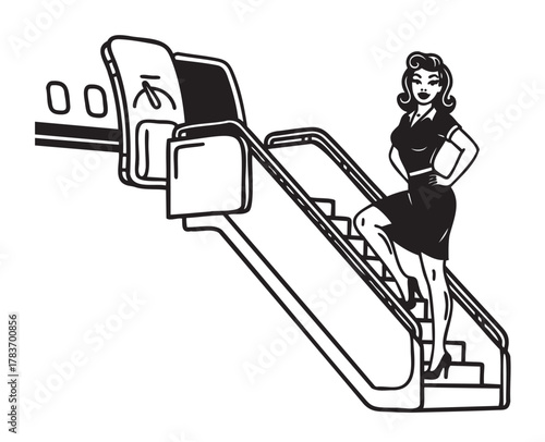 Female flight attendant in vintage uniform poses confidently at the bottom of airplane stairs, embodying classic aviation style.
