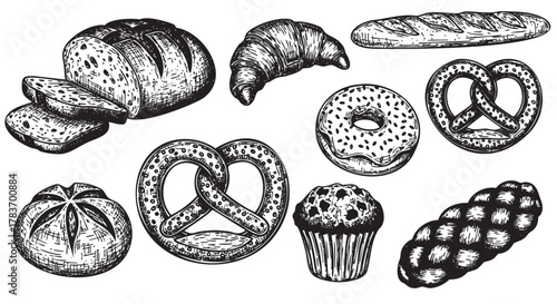 Black and white sketch of various assorted bakery items including bread, croissant, donut, pretzels, muffin, and baguette.