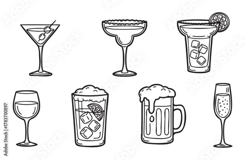 Black outline icons of various cocktail and beverage glasses including martini, margarita, wine, and beer mugs with distinct shapes and garnishes.