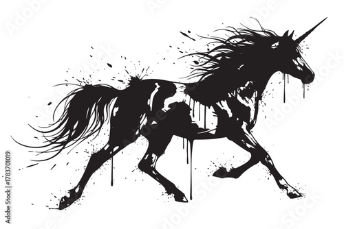 A dynamic black ink silhouette of a unicorn galloping, with paint splashes illustrating movement and energy.