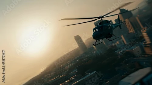 Helicopter escaping from the explosion in city with fire and debris during action movie scene