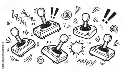 Black and white hand-drawn illustration of retro gaming joysticks with dynamic motion lines and abstract symbols conveying movement and excitement.