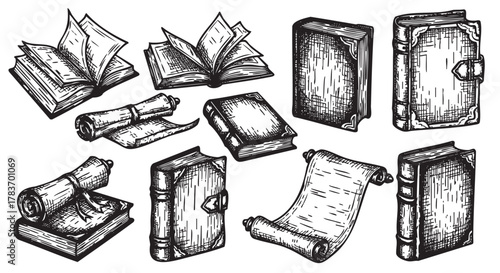 Black and white sketch-style illustration showing an assortment of antique books and scrolls, showcasing different bindings and open pages.