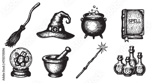 Hand-drawn illustration of various witchcraft items including a broom, pointed hat, cauldron, spellbook, crystal ball, mortar and pestle, magic wand, and potion bottles.