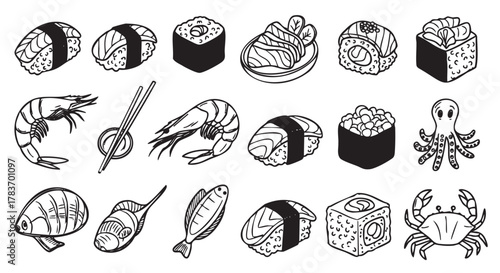Black outline vector illustrations of various sushi types and seafood, including octopus, shrimp, fish, and crab, designed in a minimal style.
