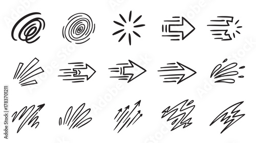 Set of black hand-drawn abstract motion lines and symbols, depicting speed and emphasis, including arrows, spirals, and starburst shapes.