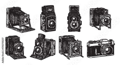 A variety of vintage cameras displayed in a stylized, hand-drawn black outline, showcasing different classic designs and lens configurations.