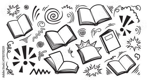 Hand-drawn black outline doodles of open and closed books with abstract designs, expressing creativity and storytelling.