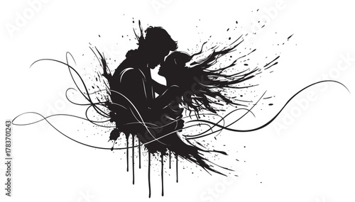 Black ink silhouette of a romantic couple sharing an intimate embrace, surrounded by artistic splatters and flourishes.