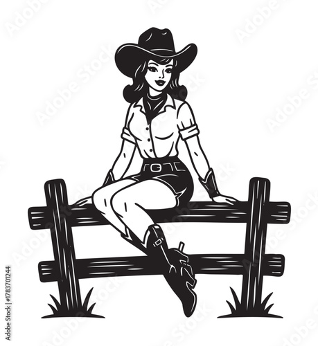 A female adult caucasian cowgirl in a hat and boots sits casually on a wooden fence, reflecting a classic western style in black and white.