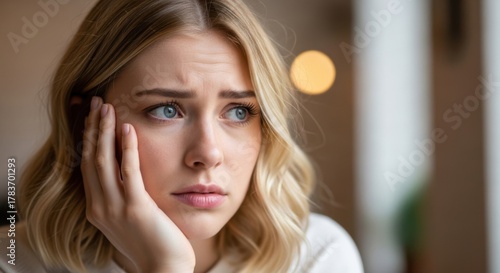 Worried young woman with hand on cheek looking away with a concerned expression