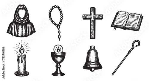 Black ink sketches of religious symbols including a hooded robe, rosary, crucifix, open book, candle, chalice, bell, and shepherd's crook.