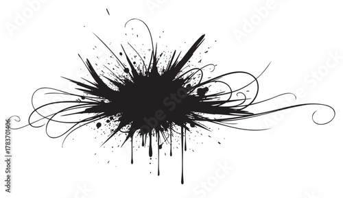 Abstract black ink splatter with intricate swirls and splashes radiating from a central dark spot on a white background.