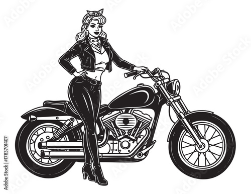 Black and white illustration of a young caucasian female wearing retro attire, confidently standing beside a vintage motorcycle.