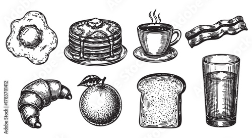 Hand-drawn black and white illustrations of breakfast items including a fried egg, pancakes with syrup, coffee, bacon, croissant, orange, toast, and a glass of juice.