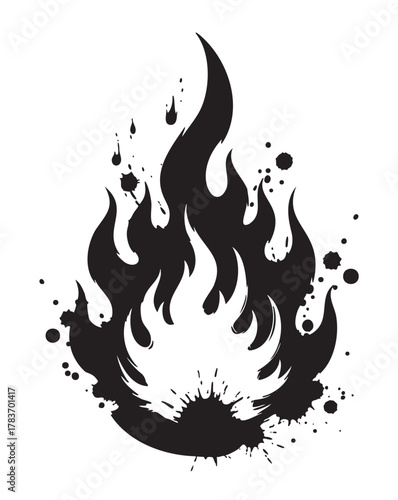 Black silhouette of a jagged flame with splatter effects emanating from its base, symbolizing intensity and energy.
