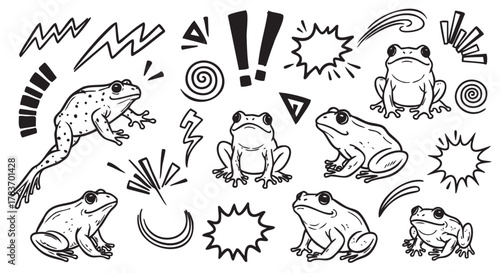 Various black and white line drawings of frogs in different poses surrounded by abstract shapes and exclamation marks.