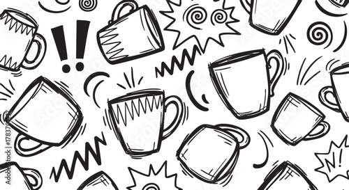 Black and white pattern of various hand-drawn coffee mugs with whimsical doodles and exclamation marks on a seamless background.