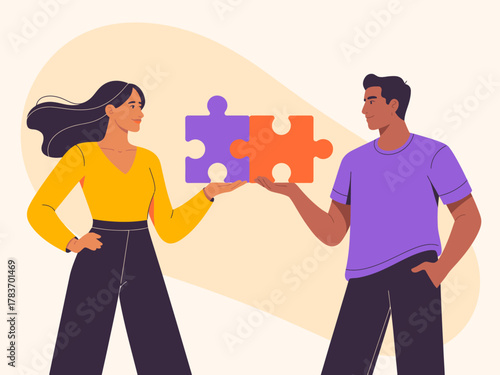 A modern illustration showing two individuals holding puzzle pieces, symbolizing connection, teamwork, and collaboration in a visually engaging and artistic manner.