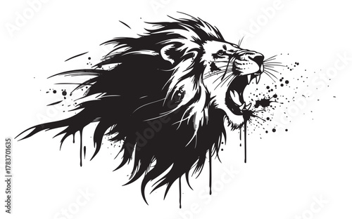 Black silhouette of a roaring lion with detailed mane and splatter effects accentuating its fierce expression.