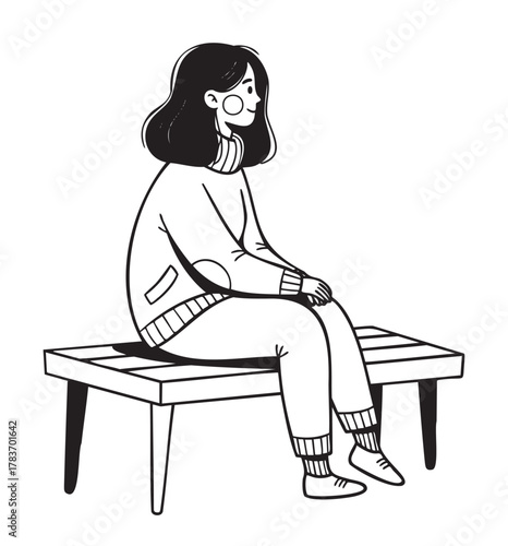 Black and white illustration of a young caucasian female sitting thoughtfully on a bench, wearing a sweater and pants.