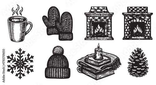 Vintage-style black and white illustrations of cozy winter items including a steaming mug, knitted mittens, fireplaces, snowflake, pom-pom hat, candle on books, and pinecone.