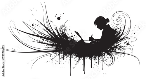 Silhouette of a female writing in a notebook at a laptop, surrounded by artistic black flourishes and splatters.