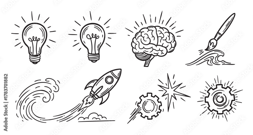 Obraz premium Hand-drawn illustration of creative concepts, featuring light bulbs, a brain, a rocket, gears, a paintbrush, and waves, symbolizing innovation and creativity.