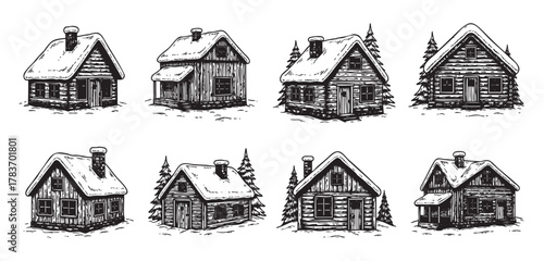 Eight hand-drawn snowy log cabins and houses with chimneys, surrounded by evergreen trees, showcasing rustic architecture in a winter setting.