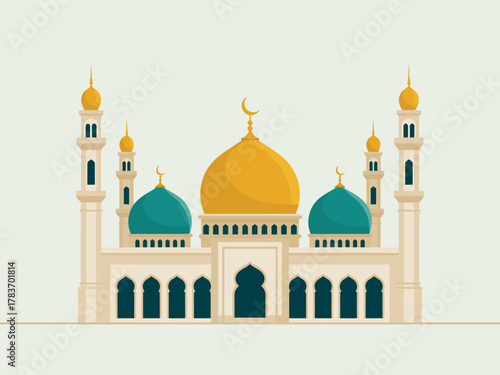 An eye-catching illustration of a mosque with beautiful domes and intricate architectural details, representing cultural heritage, spirituality, and serenity in design.