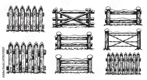 Black and white illustration of various wooden fence designs, featuring crossbars, pickets, and barbed wire details.