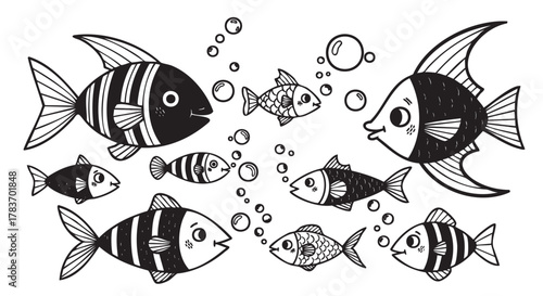 Black and white illustration of various cartoon fish with bubbles, featuring simple line work and whimsical expressions.