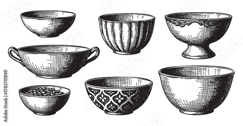 Seven intricately designed vintage bowls in various shapes and patterns, featuring decorative details and etchings.