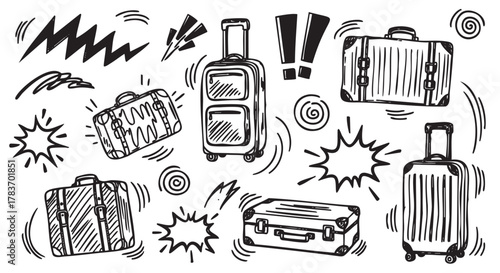 Hand-drawn black and white illustrations of various luggage types with explosive comic-style accents and zigzag patterns.