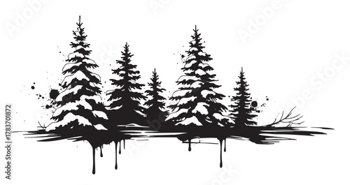 Black ink silhouette of evergreen trees with artistic splatter and dripping effects, creating a striking and dynamic forest scene.