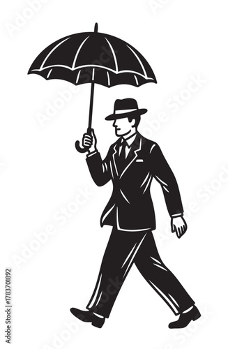 Black and white sketch of a man in a suit with a hat, walking confidently while holding an umbrella.