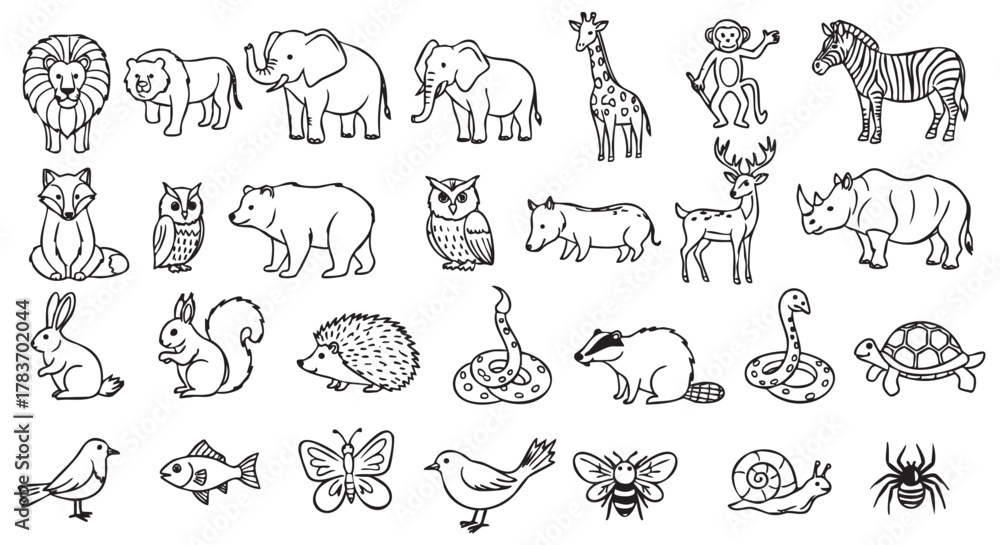 Obraz premium Black and white outline drawings of various wild animals including a lion, elephant, giraffe, monkey, zebra, and more, shown in a simplistic cartoon style.
