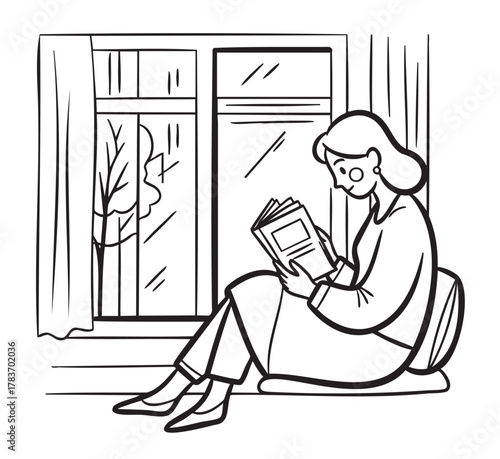 Black outline drawing of a young caucasian female sitting with a book by a window, displaying a serene expression with a view of a tree outside.