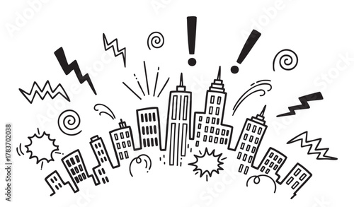 Hand-drawn city skyline with skyscrapers, exclamation marks, and comic-style sound effects like lightning bolts and swirls.